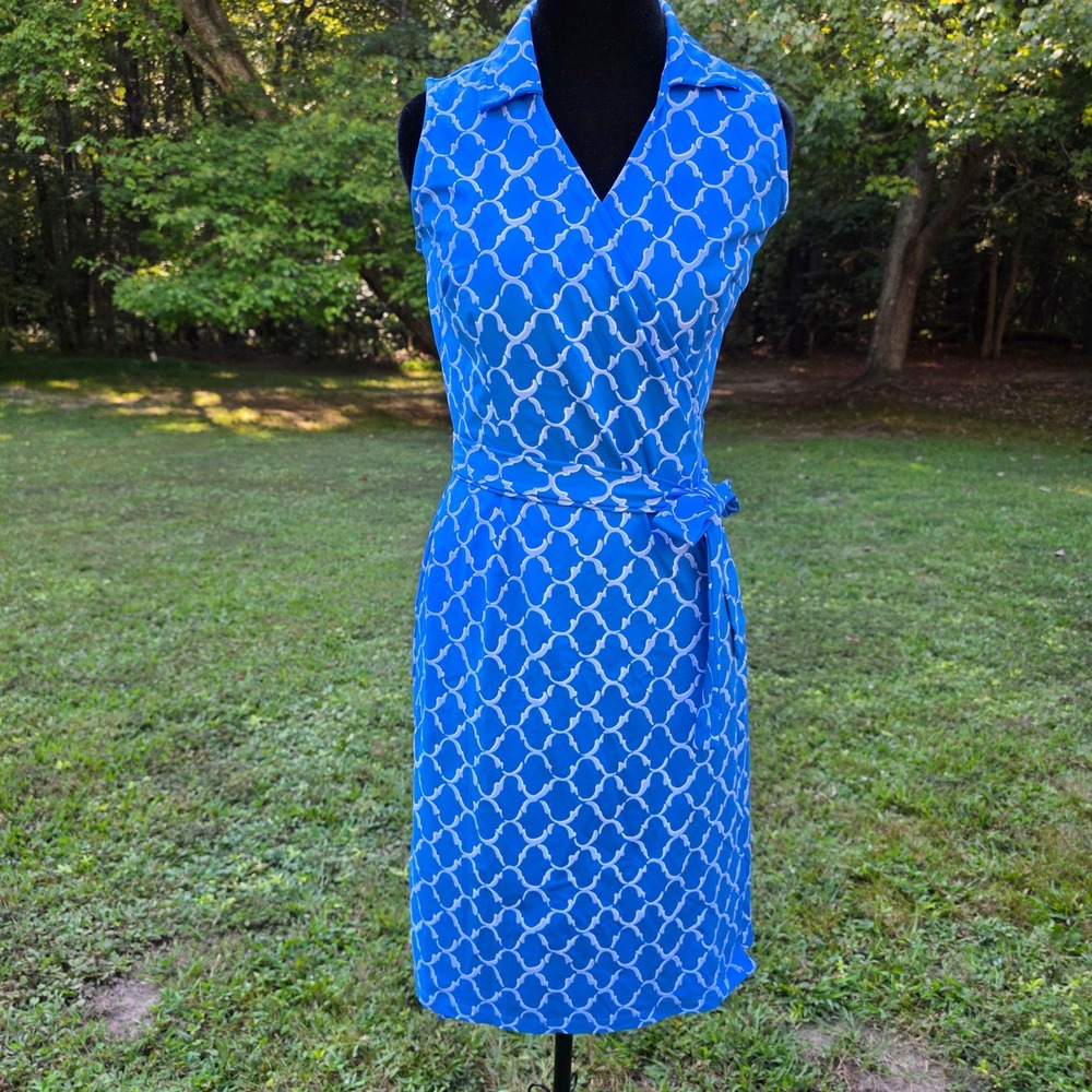 J. McLaughlin Blue Geometric Trellis Wrap Dress XS Sleeveless Catalina Cloth